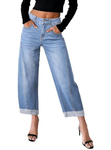 Image of Sidefeel Barrel Jeans for Women High Waisted Wide Leg Baggy Stretchy Trendy Raw Rolled Hem Capri Cropped Ankle Denim Pants