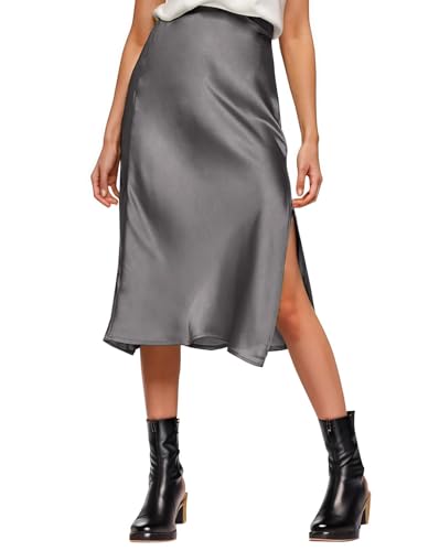 Image of Amy Babe Womens Satin Silk High Waist Slit Midi Skirt Long Skirts for Women | Elastic Waistband, Side Split, Midi Length, Below the Knee, Silky Fabric, Elegant, Fall Winter Outfits