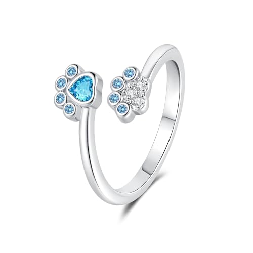 Lovely Dog Paw Open Rings for Women Promise Love Cz Crystal Open Statement Stackable Band Sterling Silver Plated Adjustable Cute Animal Puppy Footprints Finger Fashion Jewelry for Pet Lovers