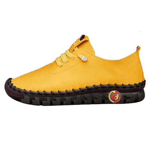 Faux Leather Soft Bottom Flat Shoes for Women 2026 Fashion Loafers Round Toe Non-Slip Comfortable Work Sneaker Orthopedic Pain Relief Lightweight Driving Walking Mom Shoes Yellow