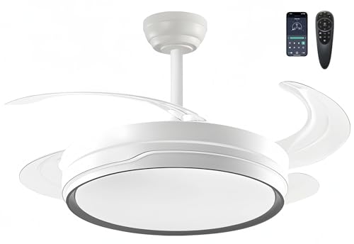 LEDUNI ® Ventilador techo con luz 55W Ventilador Invisible Ultra Silencioso con Mando a Distancia y Palas Retráctiles Interiores Plafón lluminación función verano-invierno (Gris)
