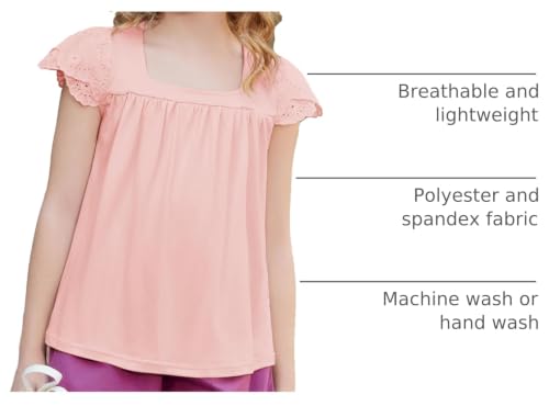Image of Arshiner Girls Shirts Short Sleeve Square Neck Summer Lace Openwork Pleated Tops Blouse Tunic