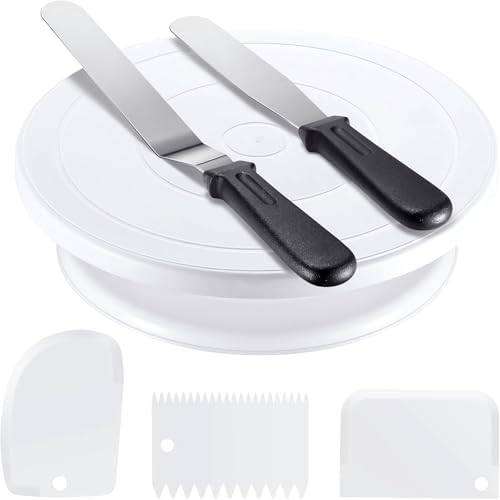 Qohuooi 11 Inch Cake Rotating Turntable with 2 Icing Spatula and 3 Icing Smoother White Round Cake Decorating Stand (6 PCS)