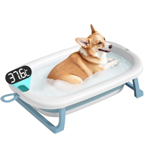 Hizmivos Collapsible Pet Bathtub with Water Drain Plug,Real-Time Temperature Monitoring Foldable Dog Pet Bathtub for Puppy Small Medium Dogs Cats,Dog Bath Tub for Bathing, Shower and Grooming,Blue