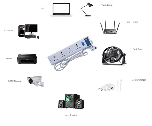 Image of Extension Board with 4 Multiplug Sockets & Master Switch | 6A Power Extension Board | 2 Meter Copper Wire Extension Cord | Heavy-Duty Spike Guard & Extension Box for Home & Office (White)