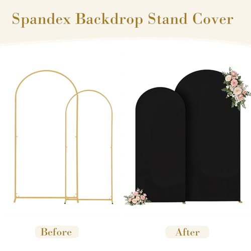 Image of Black Photo Arch Backdrop Cover Set of 2 Spandex 7.2 and 6ft Black Arch Covers Stretchy Backdrop Party Arch Stand Covers for Birthday Baby Shower Wedding Bridal Shower Banquet Background Decorations
