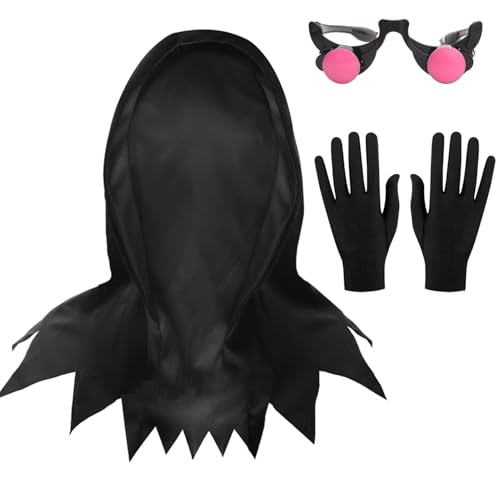 Máscara de Halloween con capucha, gafas luminosas, guantes y cinturón, 4 piezas, talla única, máscara negra, disfraz de la Parca, accesorios de disfraz para adultos, unisex, de terror, fantasmas