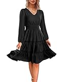 Zattcas Women 2024 Long Sleeve Spring Dresses V Neck Smocked Wasit Casual Flowy A Line Tiered Modest Teacher Work Midi Dress Black M