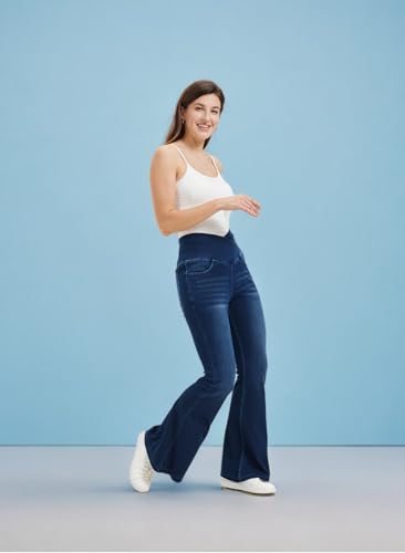 KYAL Women's High Waisted Flared Jeans Pull On Wide Leg Jeans Stretchy Denim Pants, V Cross Tummy Control Flare Pants4