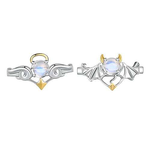 Angel Demon Wing Rings For Couple Lover, Fashion Adjustable Classic Angel Demon Moonstone Ring Set, Open Hypoallergenic Statement Promise Wedding Engagement Band Ring Jewelry Gifts for Couples Women