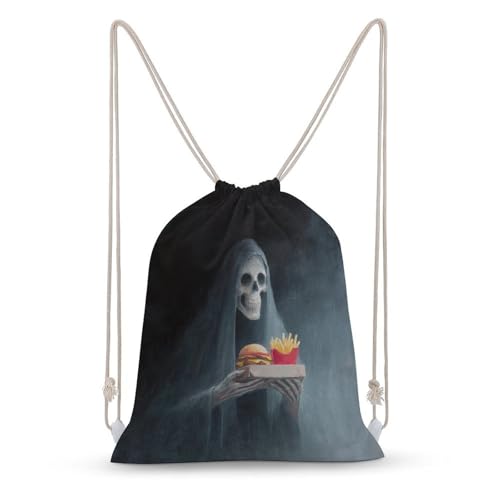 Ghost Holding Cheeseburger And Fries Drawstring Backpack Canvas String Bag Lightweight Sports Gym Bag for Men Women