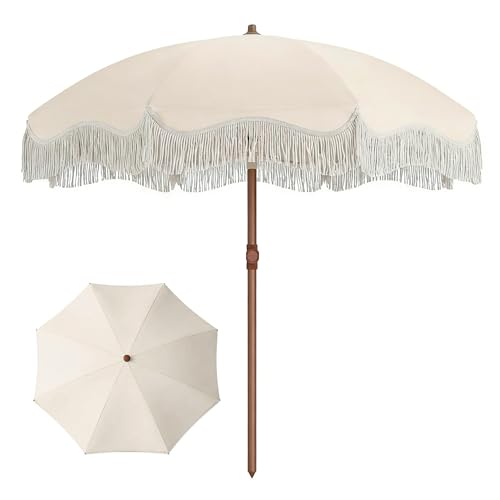 Patio Kingdom 7ft Patio Umbrella with Fringe Boho Beach Umbrellas Outdoor Tassels Umbrellas with Push Button Tilt & Carrying Bag 8 Windproof Fiberglass Ribs UPF50+ Cream White