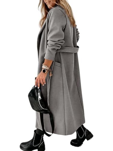 Image of Womens Classic Coat Lapel Collar Open Front Belted Long Jacket