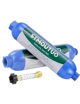 STMOUTUO RV Water Filter with Flexible Hose Protector - Greatly Reduces Bad Taste, Chlorine, Odor, Rust & Sediment - Inline Water Hose Filter for RV Camper, Boat, Garden & Pool - 2 Pack