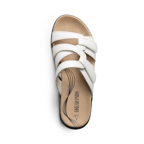 DREAM PAIRS DREAM PAIRS Womens Slides Arch Support Slip on Flat Sandals Plantar Fasciitis Soft Cushion Slippers With Adjustable Straps,Size 10,White,SDSS2412W