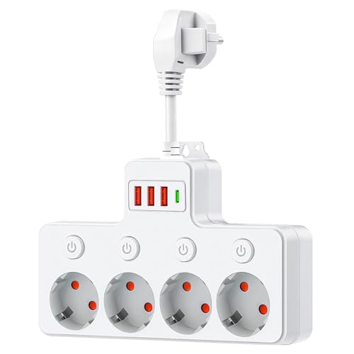 Regleta con 4 enchufes con 3 USB y 1 USB-C, distribuidor de enchufes de pared con interruptor individual, regleta para oficina, hogar, viajes, cocina, baño