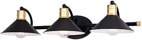VAXCEL Akron 3-Light 28 inch Wide Matte Black and Natural Brass Industrial Bathroom Vanity Lighting Fixture, Metal Shade, Dimmable, LED Compatible, Over The Mirror Mounted Steel Wall Sconce