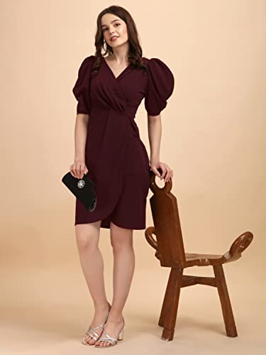 Image of Sheetal Associates Women's Puff Sleeve V-Neck Bodycon Casual Mini Dress