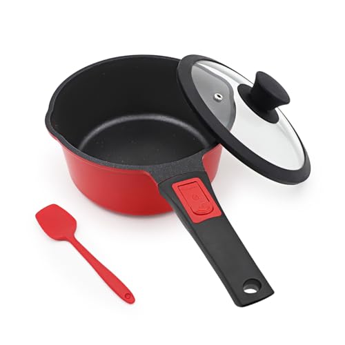 Bobikuke Kasserolle 16cm mit Deckel, 1.5L Antihaft-Stielkasserolle mit Abnehmbarer Griff, Milchtopf Geeignet für alle Herdarten, Ofenfest (Rot-Schwarz)