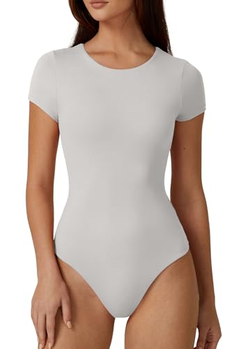 Image of QINSEN Women's Crew Neck Short Sleeve Bodysuit Double Lined Body Suits Basic T-shirt Tops