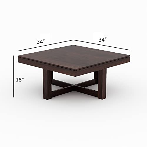 Image of Douceur Furnitures Solid Sheesham Wood Coffee Table with 4 Cushioned Stools for Living Room, Home, Guest Room, Office, Hotel & Cafe | Walnut Finish | Grey Cushions