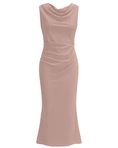 Image of OWIN Womens 2025 Cowl Neck Long Formal Dresses Summer Sleeveless Maxi Bodycon Dress Ruched Mermaid Cocktail Dress