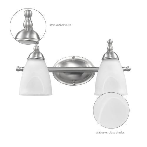 Image of Globe Electric 63000104 3-Piece Bath Accessories, Satin Nickel Finish, 15 inch 2-Light Vanity Light, Alabaster Glass Shades, Toilet Paper Holder, Towel Ring, Bathroom Decor, Home Essentials