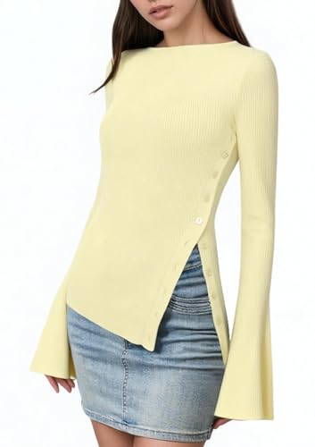 Women Side Split Button Down Sweater Solid Boat Neck Flared Long Sleeve Ribbed Knit Shirt Casual Asymmetric Sweaters