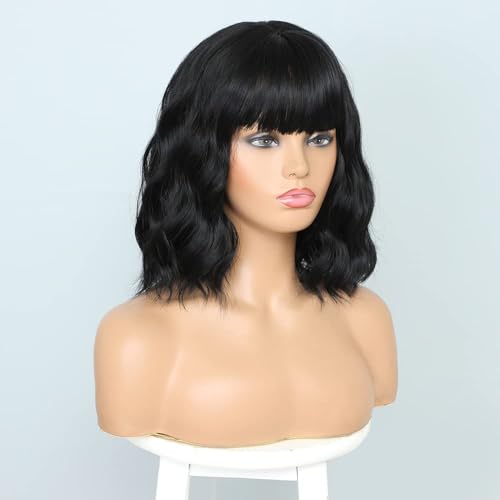 PORSMEER Short Pastel Wavy Black Bob Wig with Fringe Natural Looking Synthetic Hair Wigs for Women Girls Halloween Costume Party Or Daily Wear - Image 2