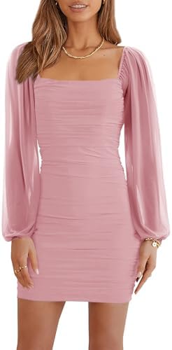 Ofenbuy Women's Mesh Long Sleeve Dress Square Neck Ruched Mini Bo...