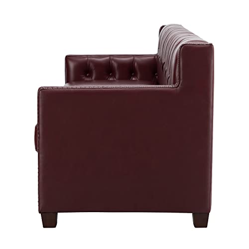 Hulala Home Faux Leather Sofa Couch, 75-Inch Extra Wide Leather Sofa With Tufted Back & Nailhead Trim Squared Arm, Transitional 3 Seat Sofa Sectional Couch For Small Apartment, Burgundy #TOP3