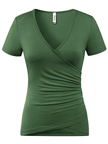 Beauhuty Womens Wrap Shirt Deep V Neck Ruched Tops Cross Front Surplice Low Cut T-Shirt Short Sleeve Tees (S, Short-Army Green)