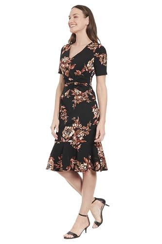 Image of London Times Women's V-Neck Dress - Flounce Hem, Twist Waist, Elegant Office & Event Wear