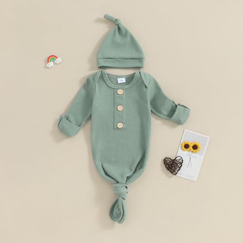 BULINGNA Newborn Baby Boys Girls Knotted Gown with Hat Set, Unisex Infant Nightgown with Mittens Sleepwear One Piece Pajamas4