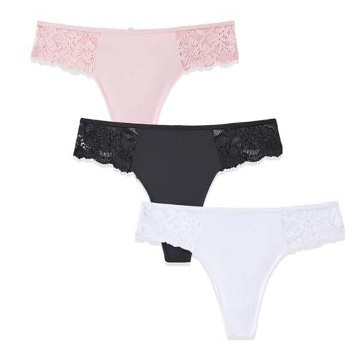 Elkuaie 3er Pack Damen Slips Spitzen Hohlhöschen Modische Atmungsaktive Tangas Nahtlose Höschen Überkreuzte Dünne Träger Atmungsaktive Damenhöschen Schwarz Weiß Rosa
