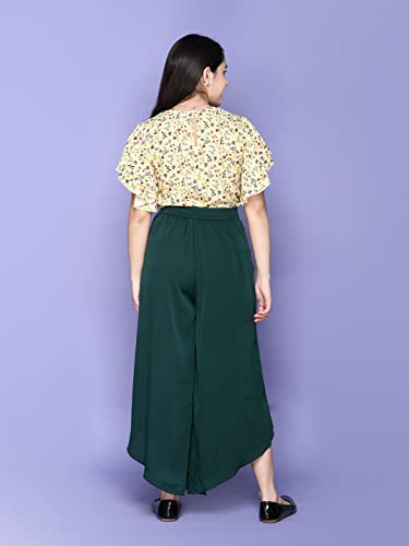 Image of LILPICKS Girls Floral Flutter Sleeve Top with Stylish Long Skirt Set (Yellow Teal Green)