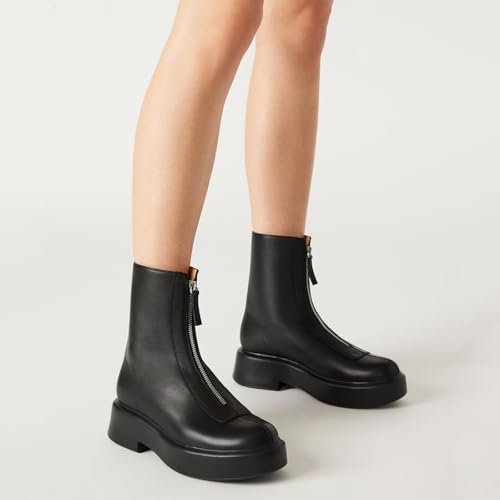 Black Platform Ankle Boots for Women Chelsea Block Heel Booties with Zipper Comfortable Casual Dess Short Round Toe Combat Boots Winter Snow Leather Mini Boots2