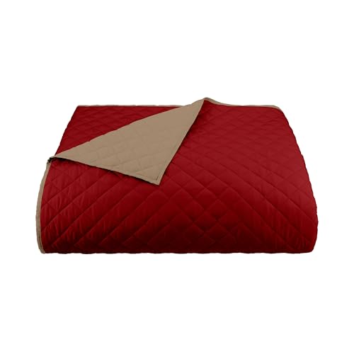 Image of Martex Reversible Coverlet - Full Queen Size Quilt - Lightweight Full Size Bedding- Durable Queen Size Quilts for Bed - Soft - Easy Care Bedding - Khaki /Red