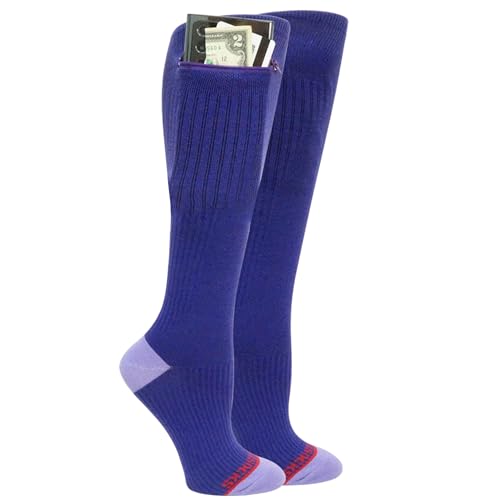 Pocket Socks Compression Socks - Over the Calf Anti pickpocket Zipper Socks with Pockets - 9mmHg - 12mmHg Light Compression, Promotes Circulation & Workout Recovery (Small - Purple with Lavender Grey)