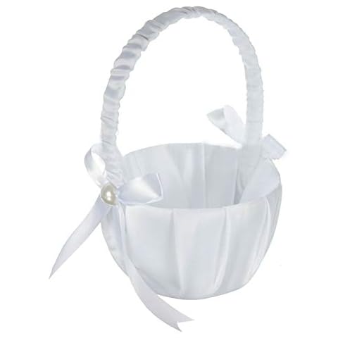 strimusimak Romantic Flower Girl Basket White Satin Bowknot Pearl Flower Basket for Wedding Party Decoration Cover