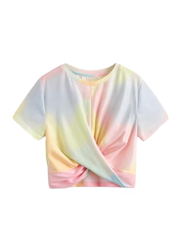 Image of Verdusa Girl's Tie Dye Twist Front Crop T Shirt Round Neck Short Sleeve Tee Tops Pink 10Y