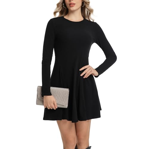 Vomidia Womens Long Sleeve Dress 2026 Spring Fall Fashion Crewneck Ribbed Knit Flare A-Line Soft Casual Mini Dresses Black