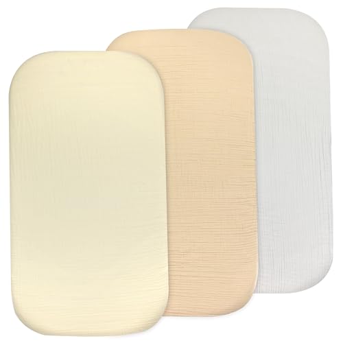 Image of 3-Pack Bedside Sleeper Bassinet Sheets | GOTS Certified Organic 100% Muslin Cotton | Ultra Soft & Breathable | 33×20×4” Fitted Sheets | Universal Fit 29–33” x 17–21” Pads
