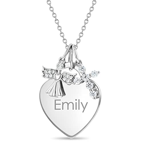 925 Sterling Silver Personalized Heart Necklace for Young Girls with Clear Cubic Zirconia Guardian Angel & Cross Pendant - Engravable Shiny CZ Heart Shape Name Tag ID Necklaces for Children & Teens
