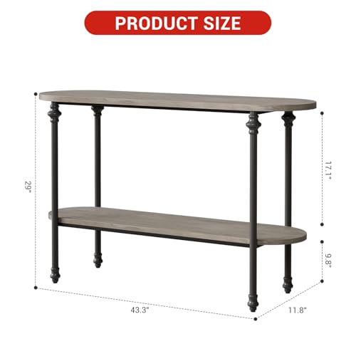 GarveeHome Entryway Table, 43.3" Long Console Table with Storage, 2 Tier Wood Console Table with Metal Frame and MDF, Sofa Tables Behind Couch, Hallway Table for Foyer-Grey