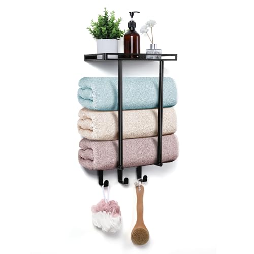 Onader Wall Mounted Towel Racks for Bathroom, 15 Inch Black Bath Towel Holder with Metal Shelf and 3 Hooks
