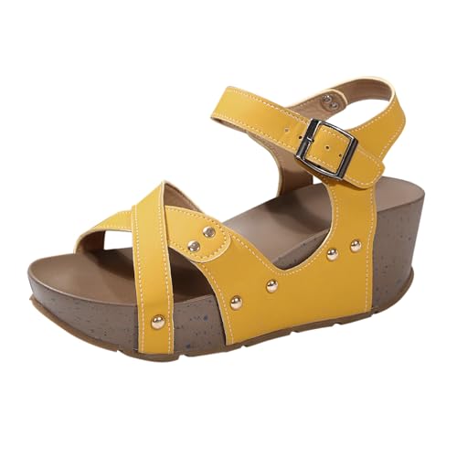 Genérico Sandalias para Playa Mujer Zapatos Mujer Verano Sandalias de De Verano para,Cuña Gruesa con Hebilla Y Plana,Ligeras Pez Cuña (Yellow,39)