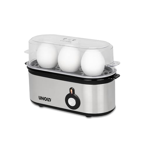 UNOLD 38610 Eierkocher Mini, Edelstahlgehäuse, Eiereinsatz mit Griff für 1 bis 3 Eier, Signalton, Betriebskontrollleuchte und 210 W, inkl. Messbecher