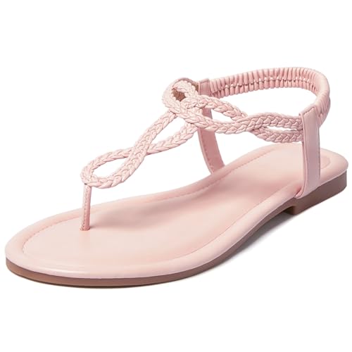 Image of iCKER Womens Braided T‑Strap Flat Sandals Elastic Stretch Ankle Strap | Boho cute casual lightweight and comfort matches dresses for beach vacation