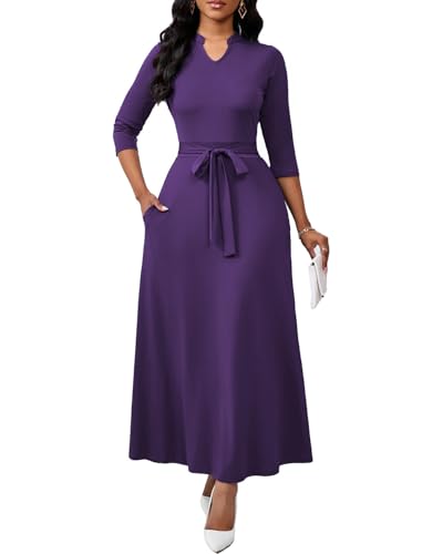 Purple Dress Woman Church Semi Formal Long Dresses Elegant 3/4 Sleeve Casual A-line Maxi Dress with Belt Large